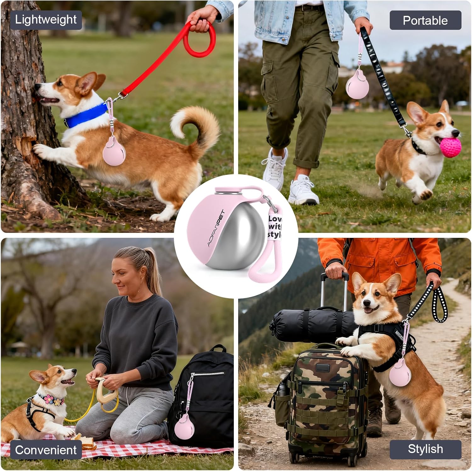 Portable Dog Water Bottle 10Oz Stainless Steel Travel Dog Water Dispenser with Bowl No-Spill Puppy Water Bottle for Walking Hiking Small Dog Water Bottle